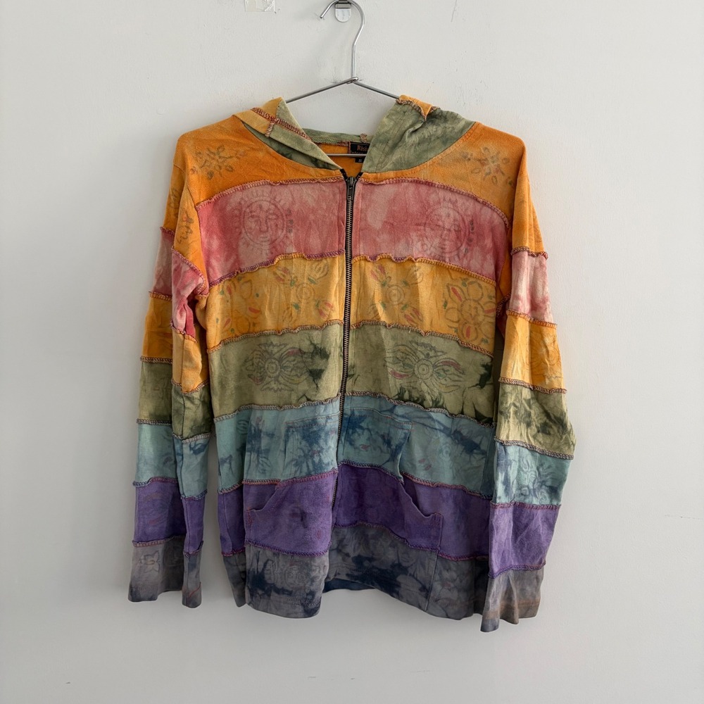 Rising International Patchwork Boho Zip Up Hoodie Small Rainbow Sun Print
